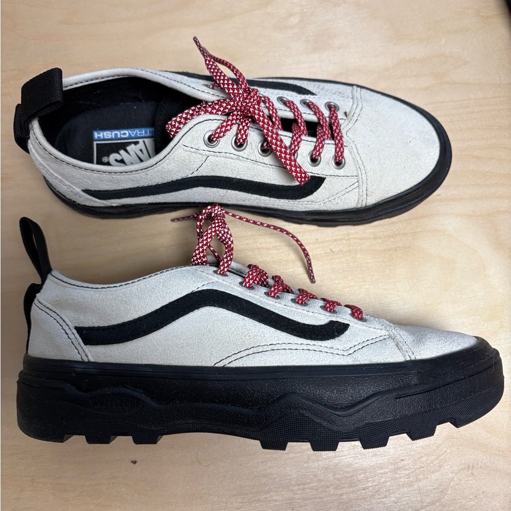 Vans White and Black Sneakers with Red Laces, womens 9